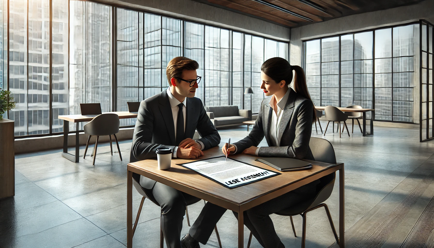 Two business professionals discussing a lease agreement in a modern office with large windows overlooking a cityscape.